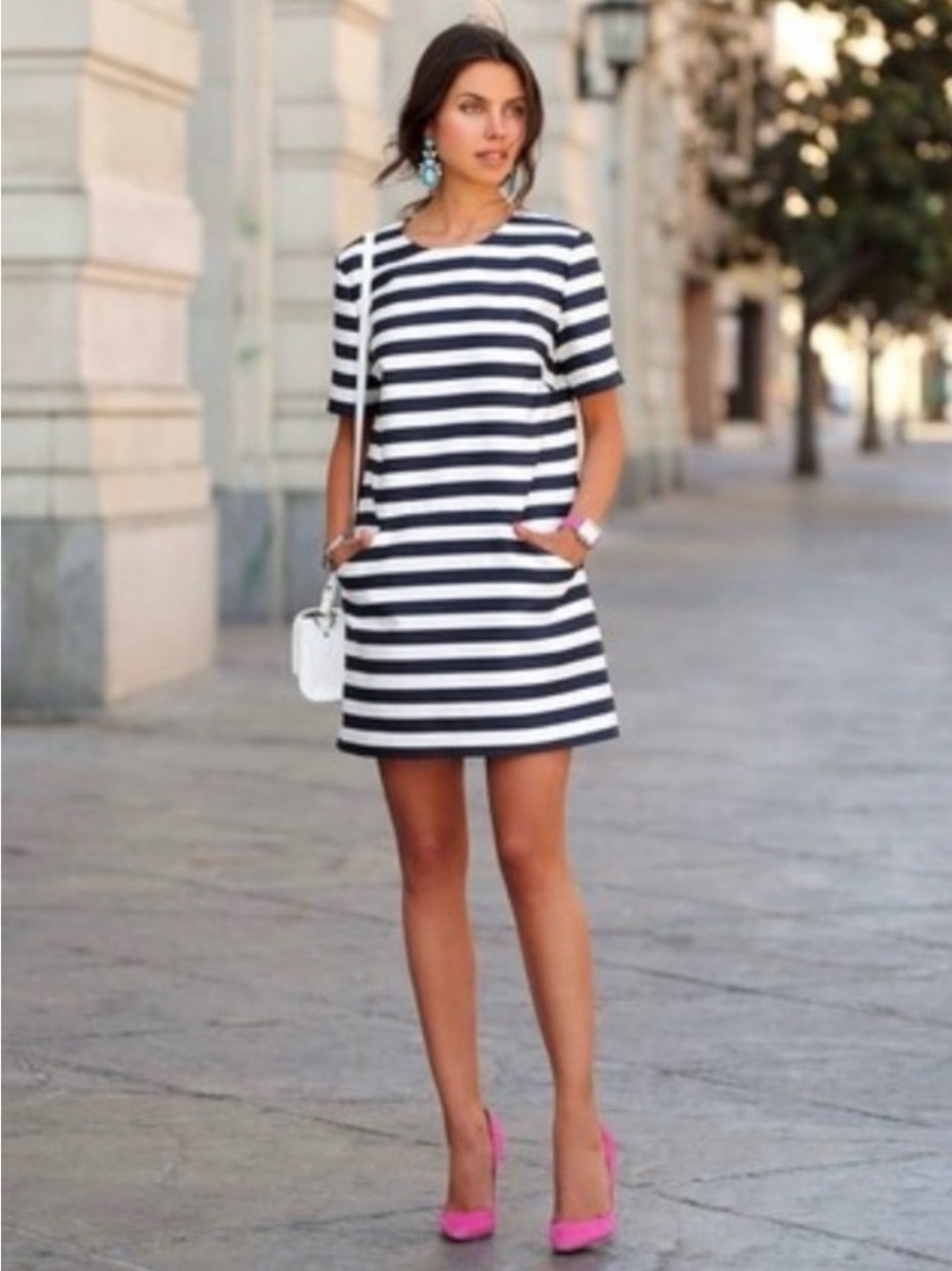 Kate Spade New York Yarn Dyed Stripe Shift Dress Black Cream Cotton Silk Size 0